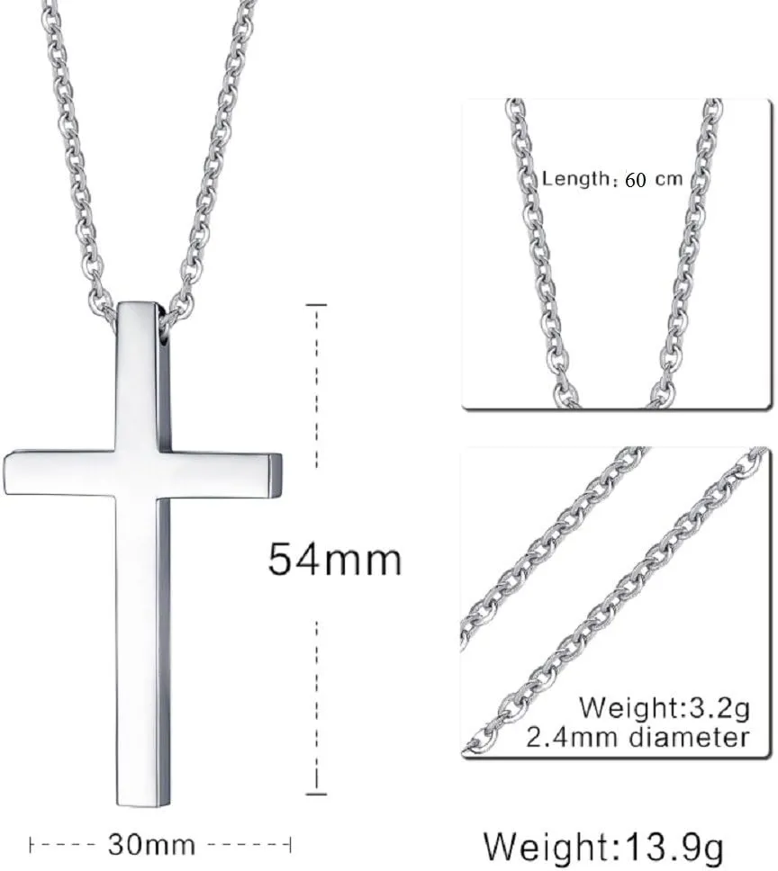 REVEMCN Simple Stainless Steel Silver Tone Cross Pendant Necklace for Men Women, 20-24 Inches Chain