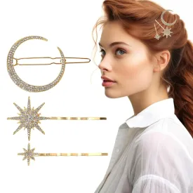 Rhinestone Hair Clips Gold Star Moon Hair Pins Vintage Decorative Bobby Pin Fancy Cute Crystal Hairpins for Wedding Glitter Hair Styling Accessories for Women Girls
