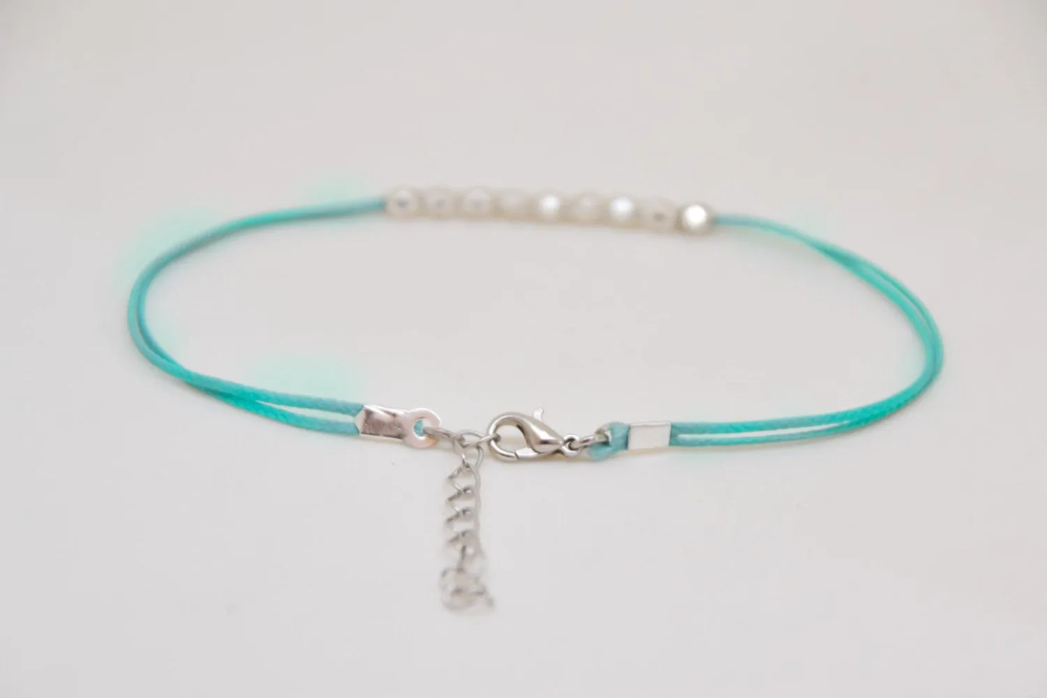 Silver nuggets anklet, turquoise cord, handmade minimalist gift for her