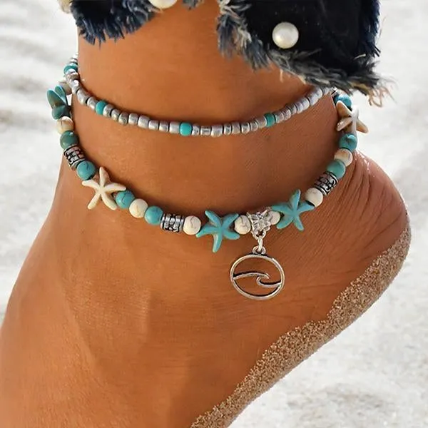 Starfish Turtle Beach Vintage Double Layer Anklet 87931556C