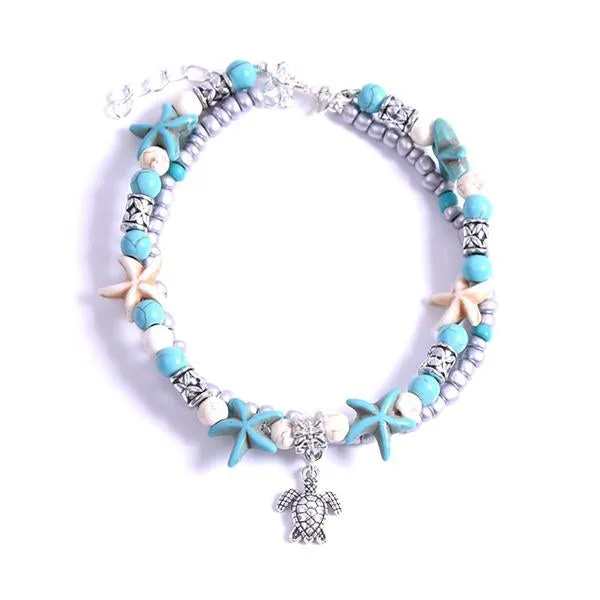 Starfish Turtle Beach Vintage Double Layer Anklet 87931556C