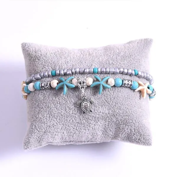 Starfish Turtle Beach Vintage Double Layer Anklet 87931556C