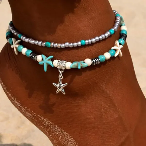 Starfish Turtle Beach Vintage Double Layer Anklet 87931556C