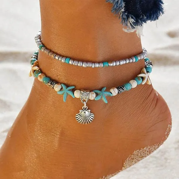 Starfish Turtle Beach Vintage Double Layer Anklet 87931556C