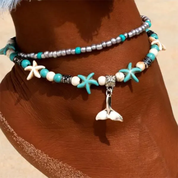 Starfish Turtle Beach Vintage Double Layer Anklet 87931556C