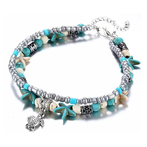 Starfish Turtle Beach Vintage Double Layer Anklet 87931556C