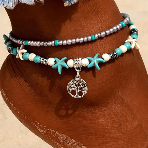 Starfish Turtle Beach Vintage Double Layer Anklet 87931556C