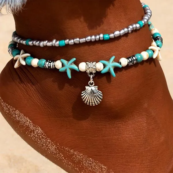 Starfish Turtle Beach Vintage Double Layer Anklet 87931556C