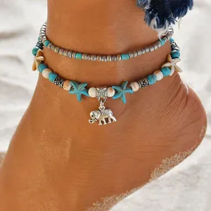Starfish Turtle Beach Vintage Double Layer Anklet 87931556C