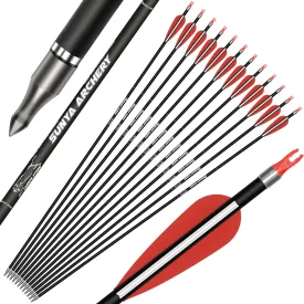 SUNYA Archery Compound Bow Arrows 12pcs Set. 30" Carbon Shaft, Spine 400 or 500 with Removable Tips