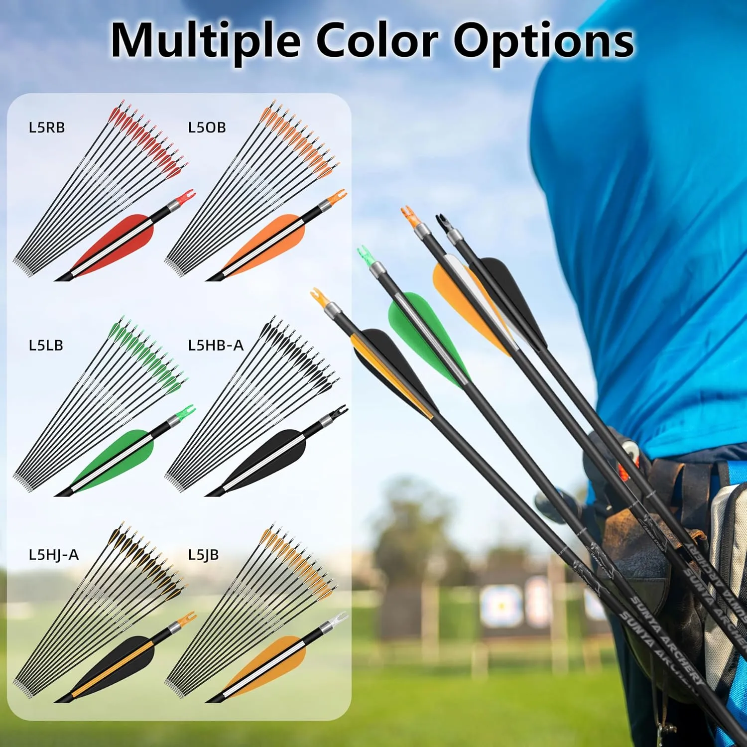 SUNYA Archery Compound Bow Arrows 12pcs Set. 30" Carbon Shaft, Spine 400 or 500 with Removable Tips