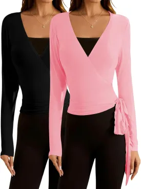 SweatyRocks Women's 2 Pack Long Sleeve Ballet Pilates Yoga Wrap Shirts Tie Front Workout Tops
