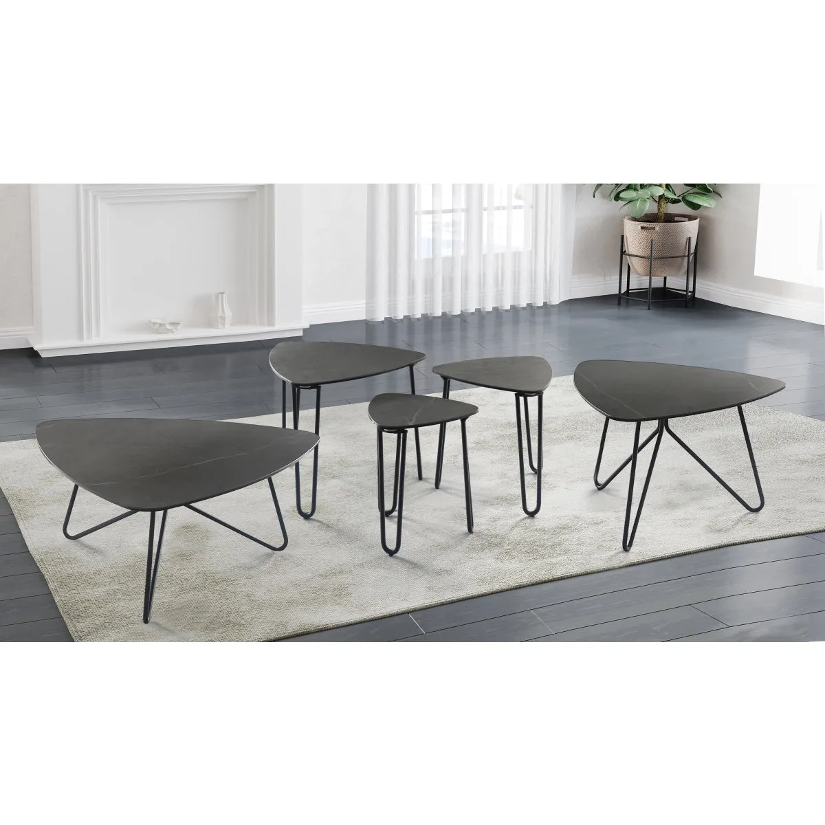 Triangular Cocktail Table with Grey Marble Ceramic Top and Black Hairpin Legs