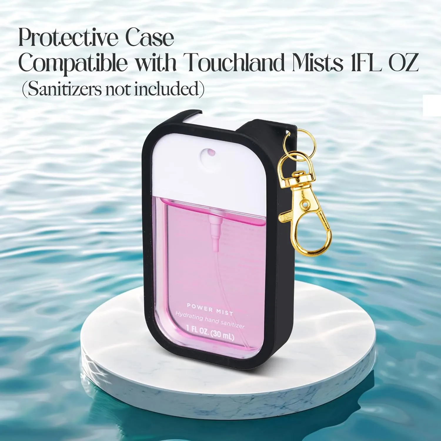 VANEST Silicone Case Compatible with Touchland Hand Sanitizer Spray, Protective Case with Keychain for Power Mist and Glow Mist 1 fl oz, Hand Sanitizer Spray Accessory (Black, 1 Pack)