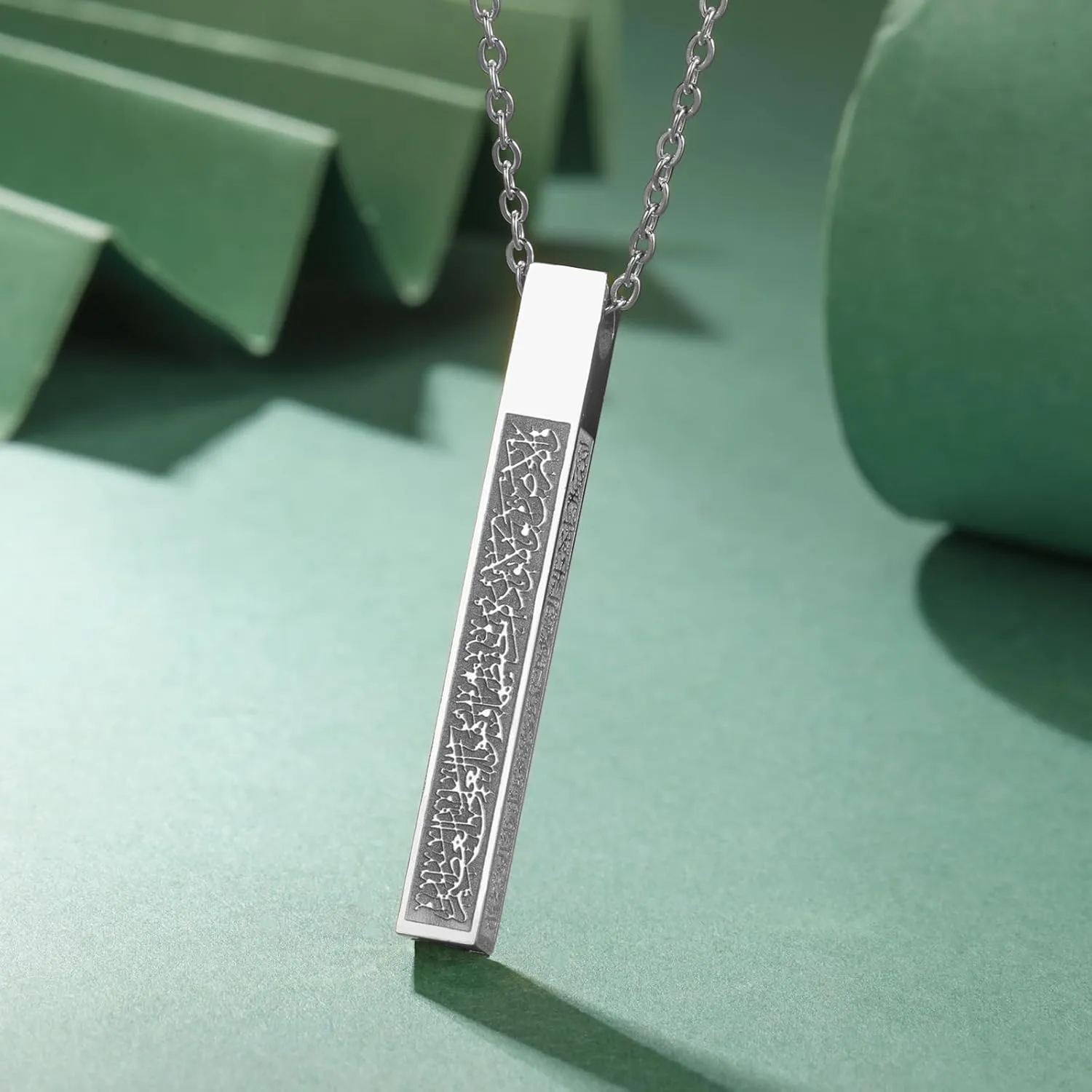 VASSAGO Islamic Ayatul Kursi Necklace for Women Men Stainless Steel/Leather Chain Muslim Allah Arabic 3D Bar Pendant Islam Eid Ramadan Gift Jewelry