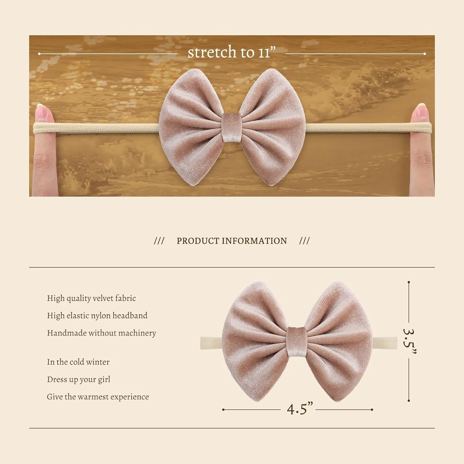 Velvet Baby Bows Headbands Solid Elastic Baby Girl Hair Bows Handmade Newborn Hair Band Bows Infant Toddlers Kids Hair Accessories 3 Pcs Beige Khaki Black