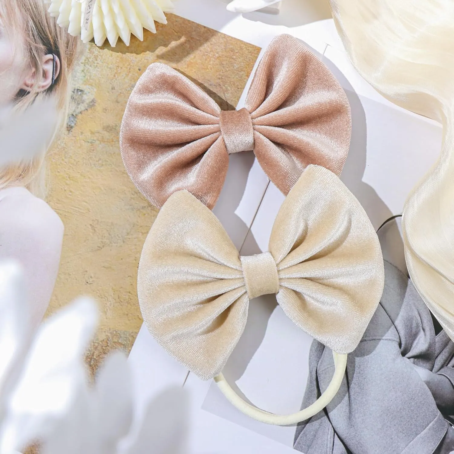 Velvet Baby Bows Headbands Solid Elastic Baby Girl Hair Bows Handmade Newborn Hair Band Bows Infant Toddlers Kids Hair Accessories 3 Pcs Beige Khaki Black
