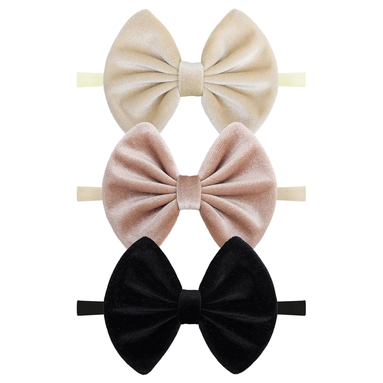 Velvet Baby Bows Headbands Solid Elastic Baby Girl Hair Bows Handmade Newborn Hair Band Bows Infant Toddlers Kids Hair Accessories 3 Pcs Beige Khaki Black