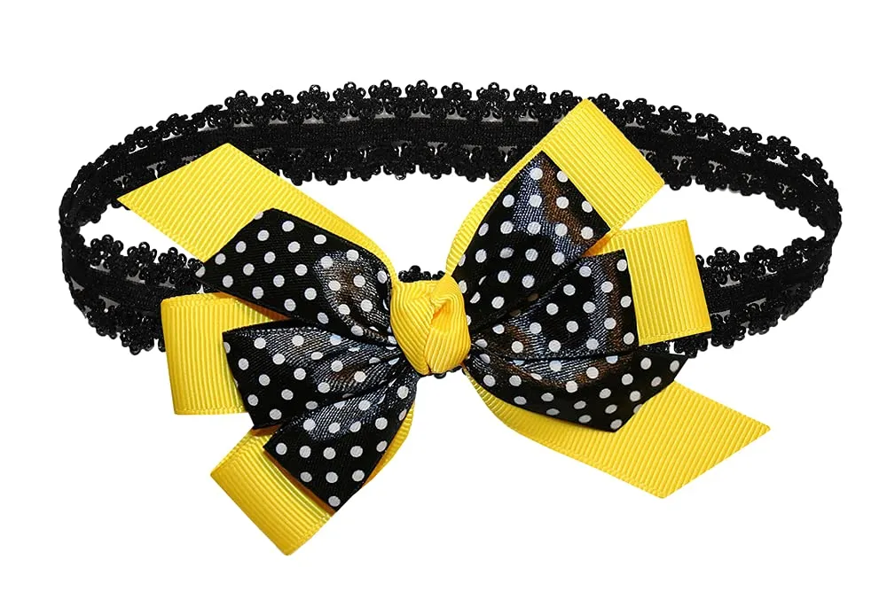 WD2U Baby Girls Black Dotted Grosgrain Boutique Hair Bow Stretch Headband (Azalea)