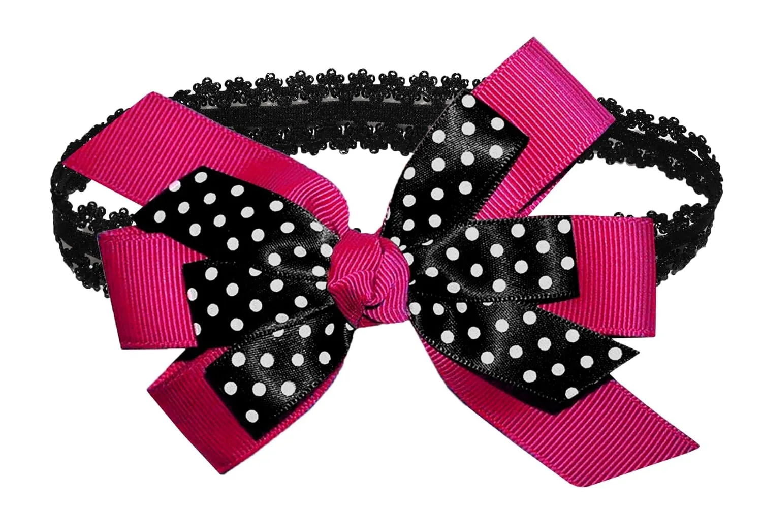 WD2U Baby Girls Black Dotted Grosgrain Boutique Hair Bow Stretch Headband (Azalea)
