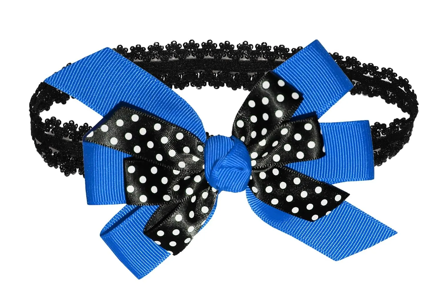 WD2U Baby Girls Black Dotted Grosgrain Boutique Hair Bow Stretch Headband (Blue)