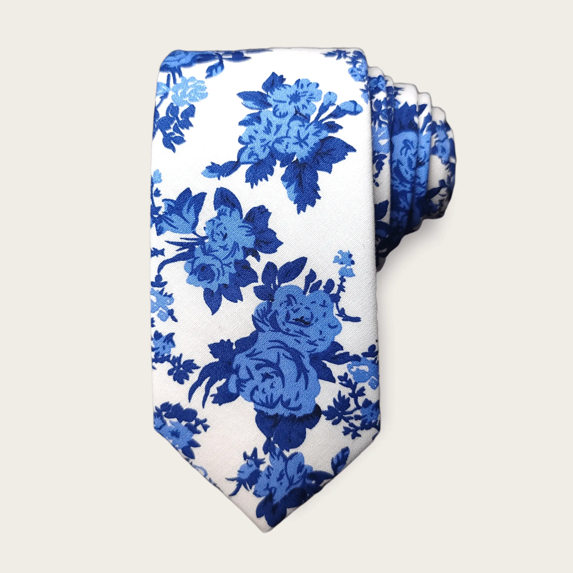White Blue Floral Slim Tie