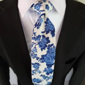 White Blue Floral Slim Tie