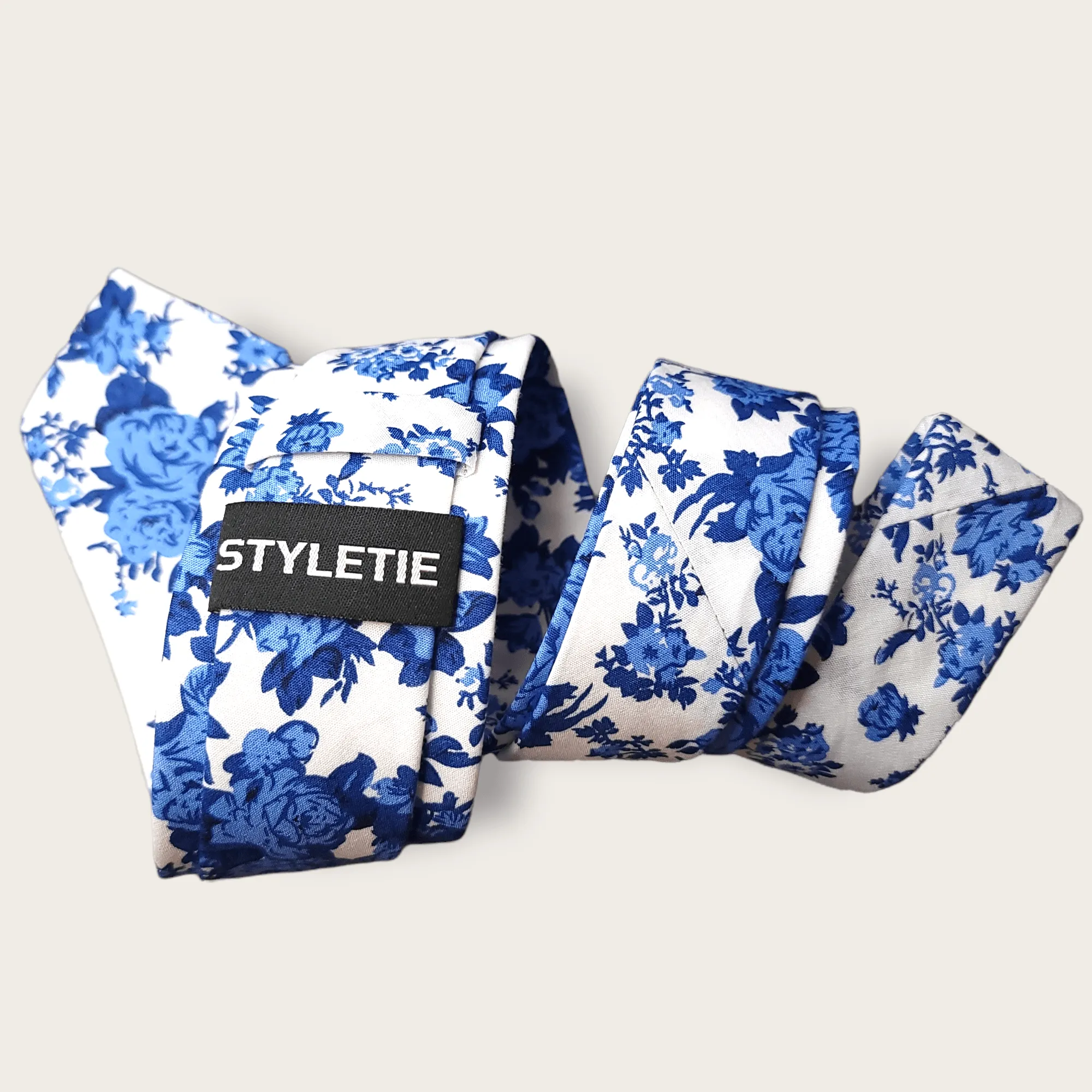 White Blue Floral Slim Tie