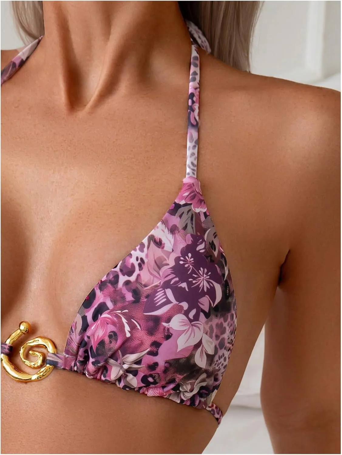 Women's 2 Piece Leopard Floral Bikini Sets Ring Triangle Halter Bathing Suit Tie Back Swimsuit