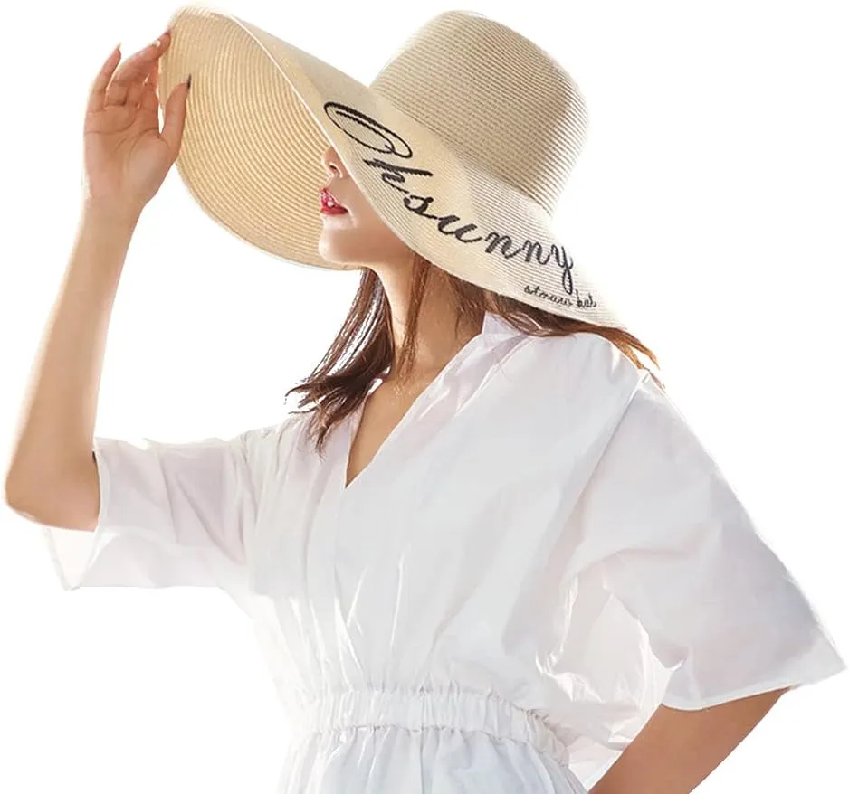 Women's Wide Brim Sun Protection Straw Hat Folable Floppy Hat Summer UV Protection Beach Hat, SLHH1M033X