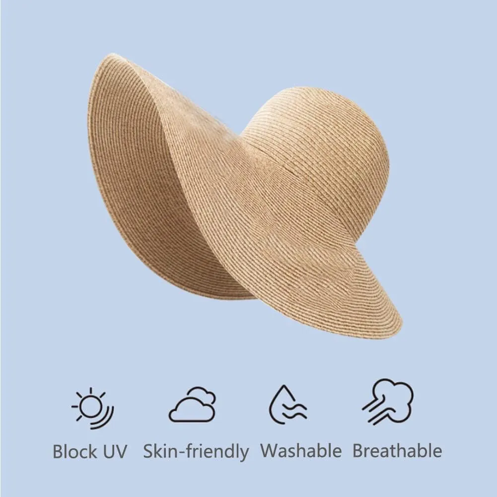 Women's Wide Brim Sun Protection Straw Hat Folable Floppy Hat Summer UV Protection Beach Hat, SLHH1M033X