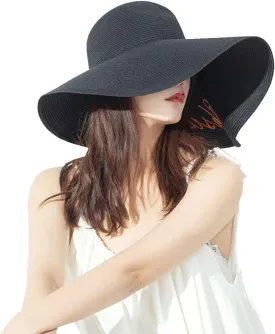 Women's Wide Brim Sun Protection Straw Hat Folable Floppy Hat Summer UV Protection Beach Hat, SLHH1M033X