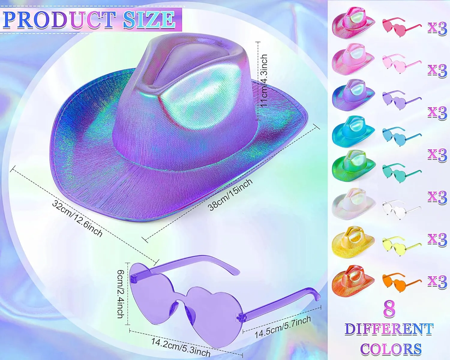 Xtinmee Space Cowgirl Holographic Hat And Rimless Heart Sunglasse Set CowGirl Sparkly Hat for Party Costume Accessories