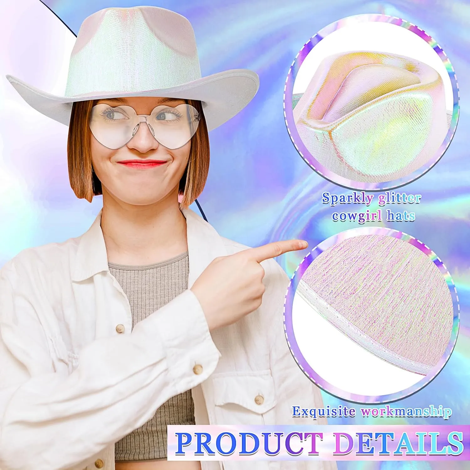 Xtinmee Space Cowgirl Holographic Hat And Rimless Heart Sunglasse Set CowGirl Sparkly Hat for Party Costume Accessories