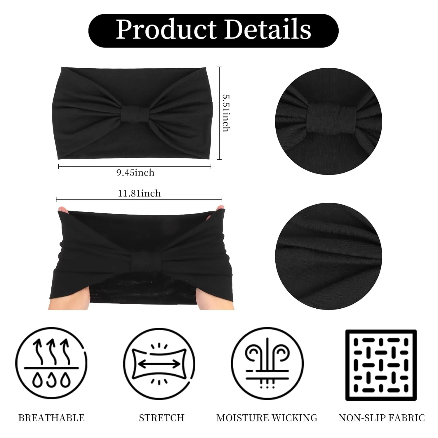 YARIEW Black Headbands for Women Elastic Headbands Stretch Knotted Headband Non-slip Head Bands Women's Hair Band Yoga Workout Head Wraps Hair Accessories for Women Girls 6 Pack