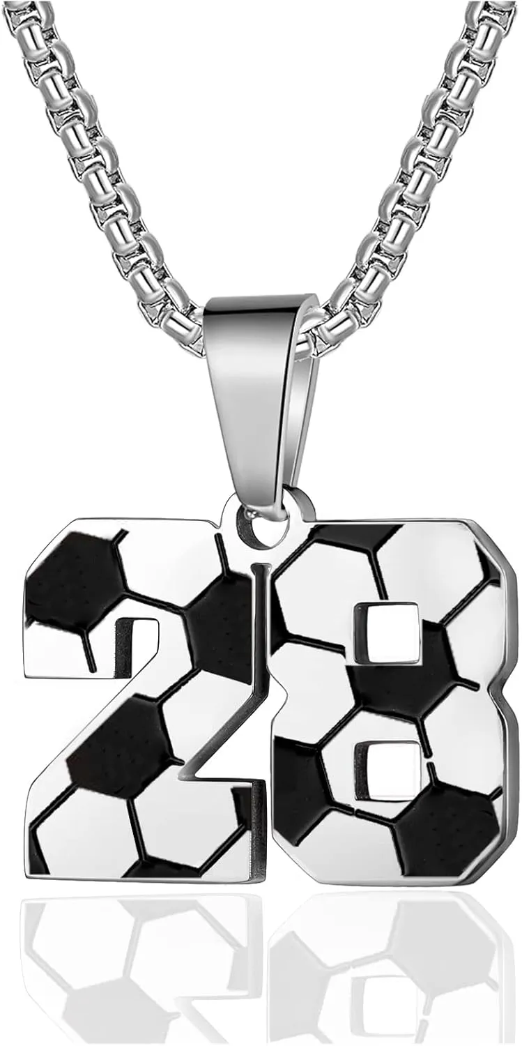 ZRAY Soccer Number Necklace for Men Soccer Charm Pendant Stainless Steel Silver Chain 22 2 inch Personalized Soccer Gift for Men Women